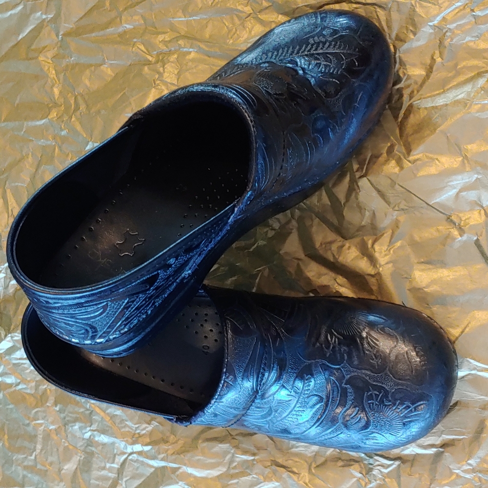 Dansko Black Embossed Leather Mules